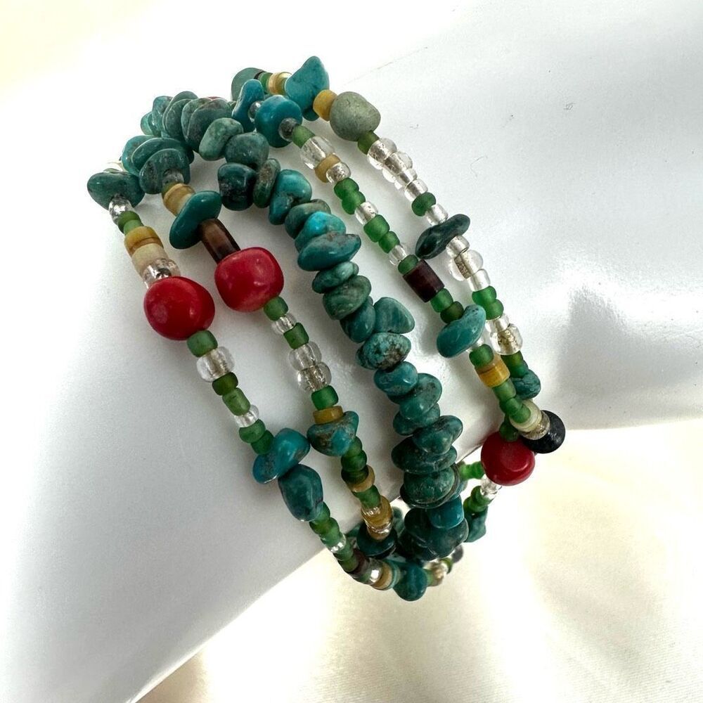Peyote Bird  sterling silver turquoise and coral multi strand bracelet